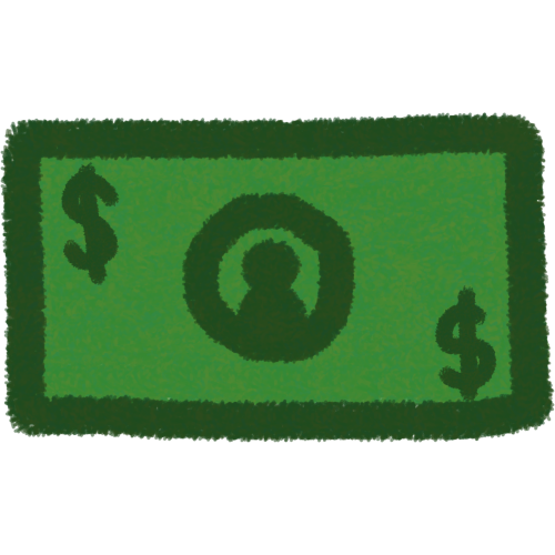 a green rectangle with a dark green outline, a dark green circle in the middle with a silhouette of a person and two money signs $ on the top left corner and bottom right corner.